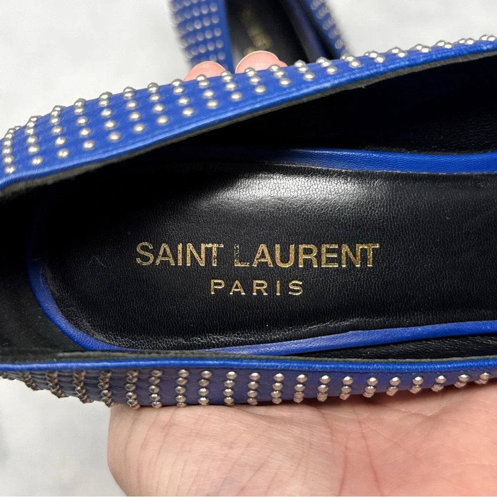 Saint Laurent Paris 80 Studded Leather Pointed Toe Stiletto Heel Pumps Blue 38 - Picture 8 of 14